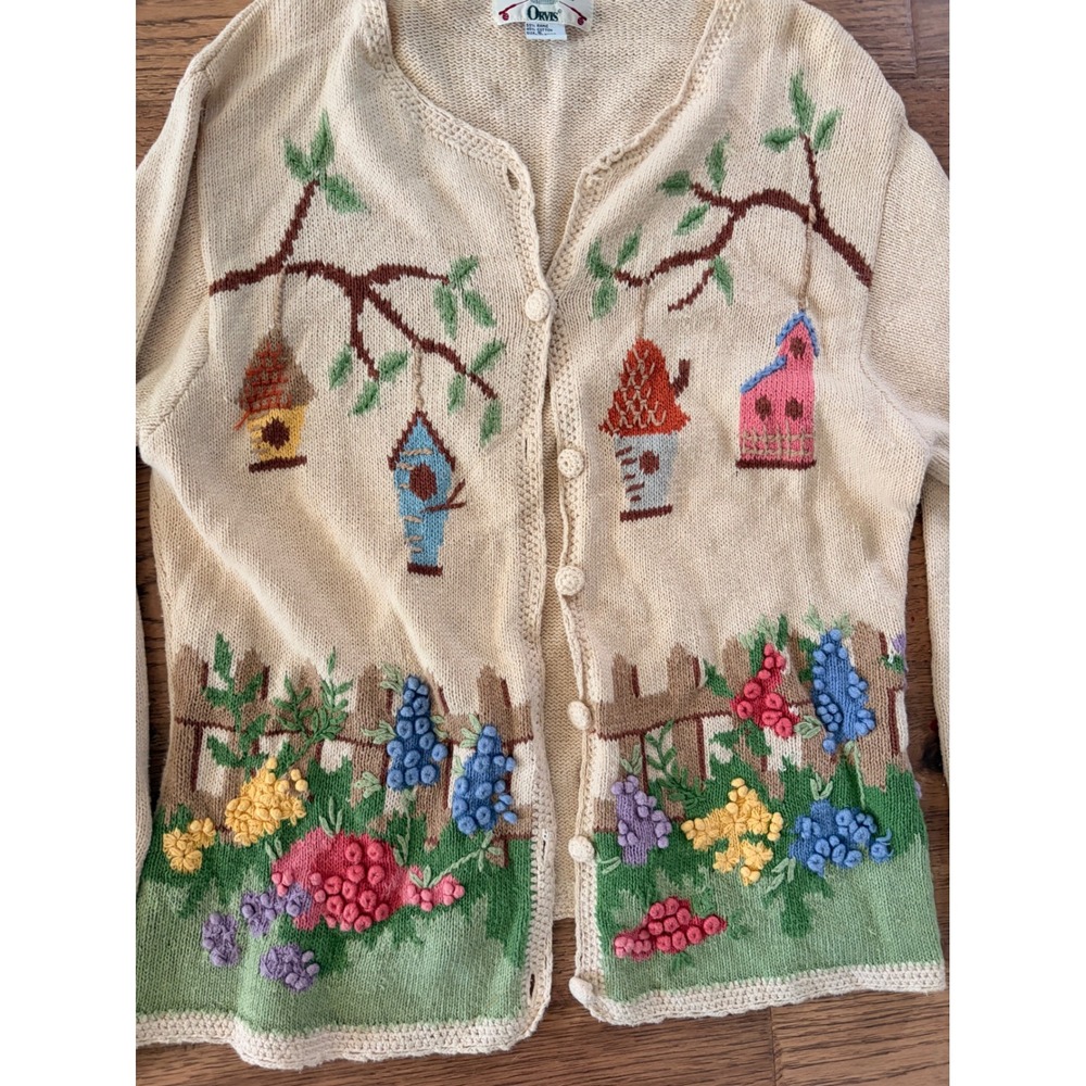 Vintage Orvis Birdhouse Garden Embroidered Cardigan Sweater - Picture 2 of 7